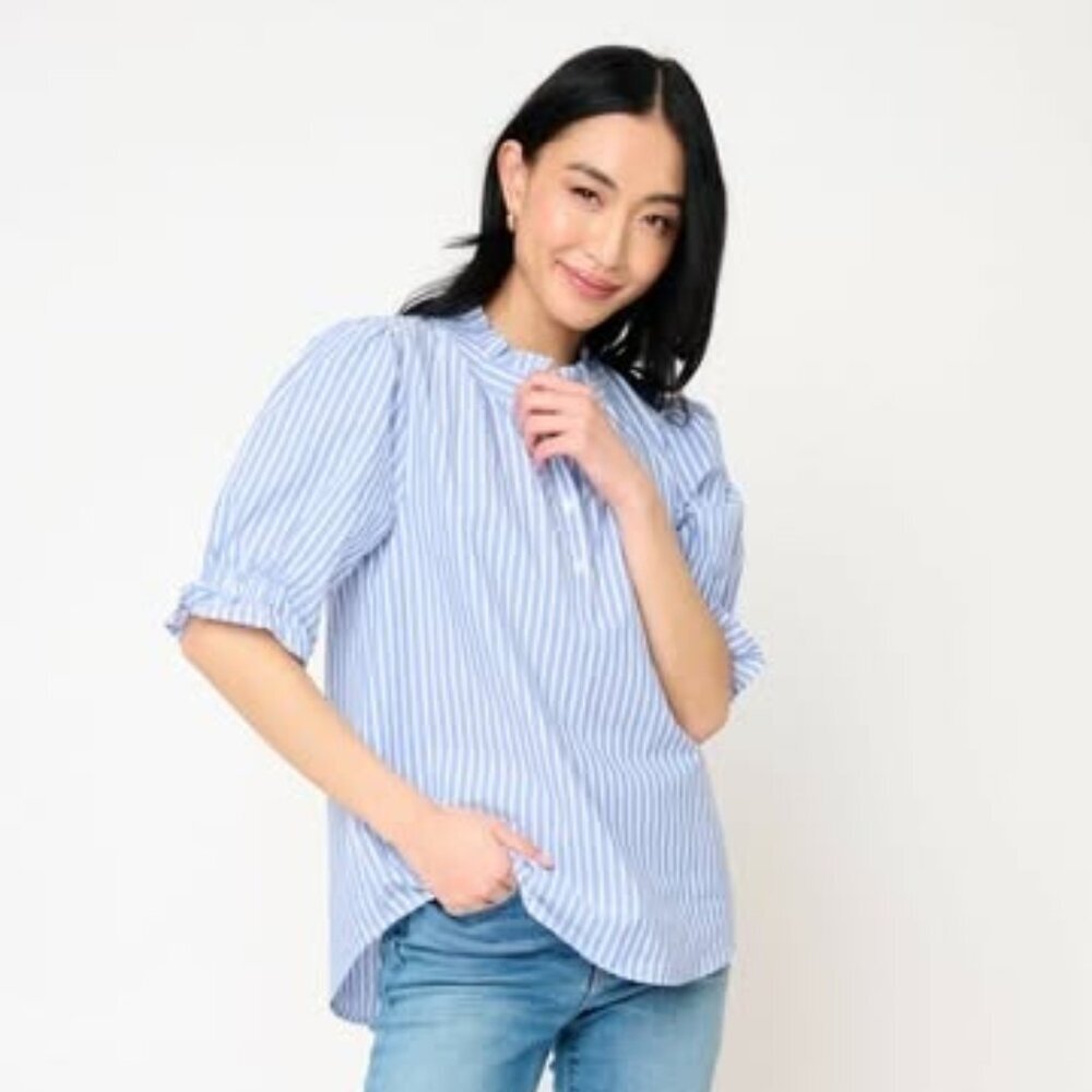 Blue Striped Women's Puff-Sleeve Blouse